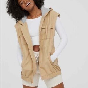 OFFLINE Aerie Khaki Utility Cargo Hooded Vest | Cotton Canvas Zip Front | Large